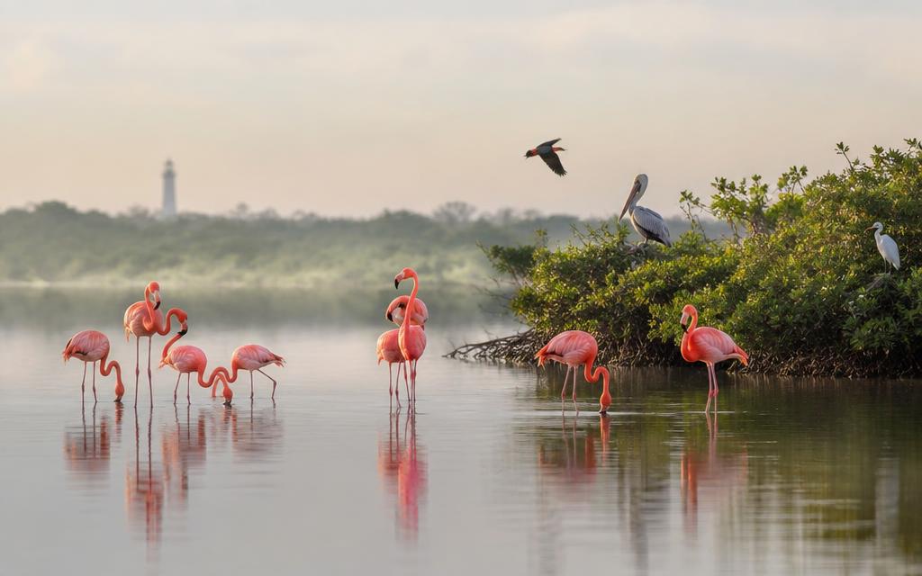 Flamingos and water birds at a coastal lagoon in Yucatán