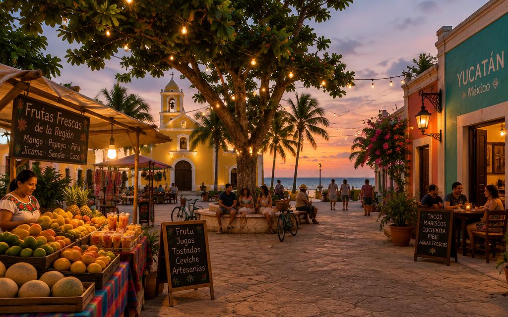 Chelem town square at dusk with string lights and market stalls